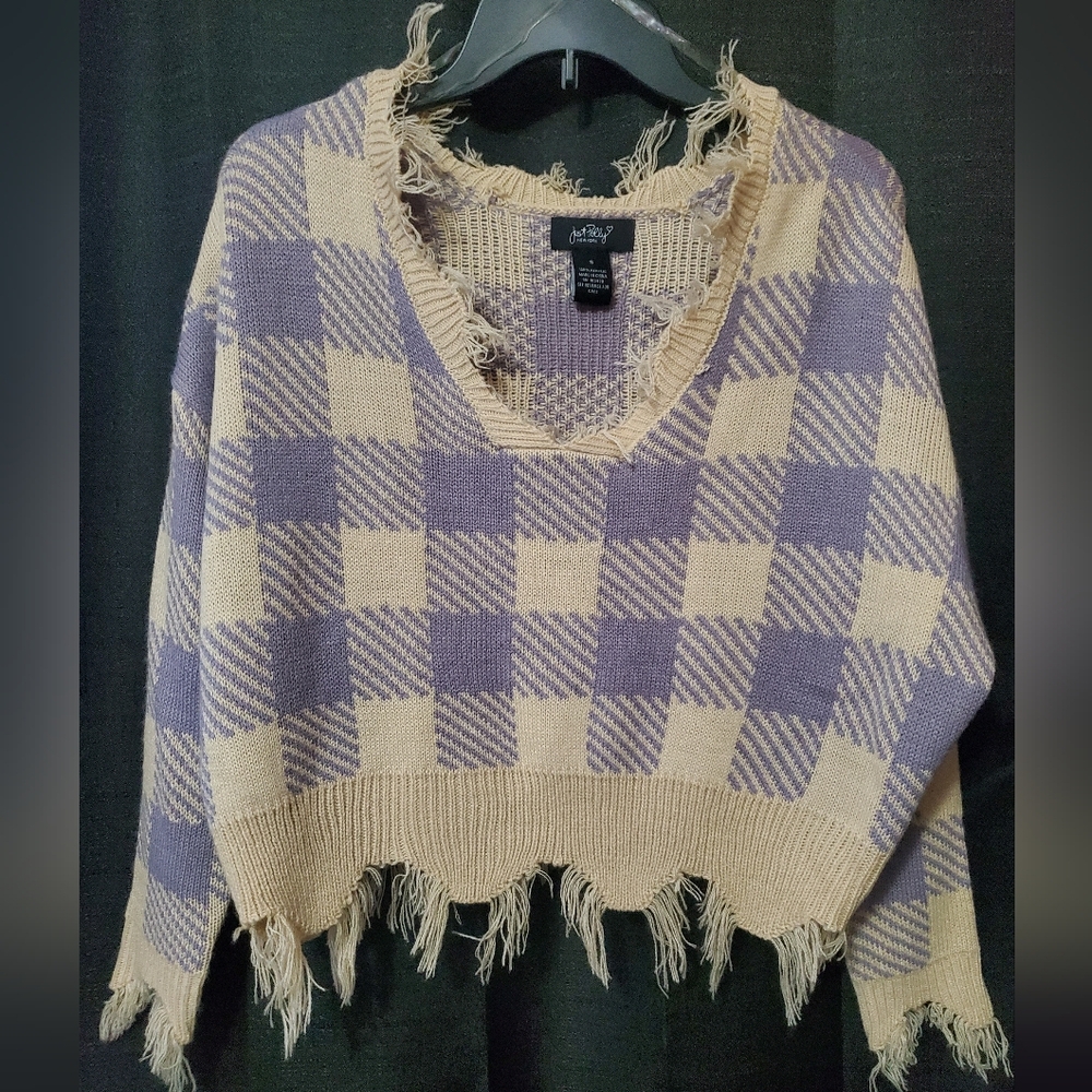 Just Polly NY Checkered cropped fring hem Plaid Bare Shoulder Sweater SZ Small